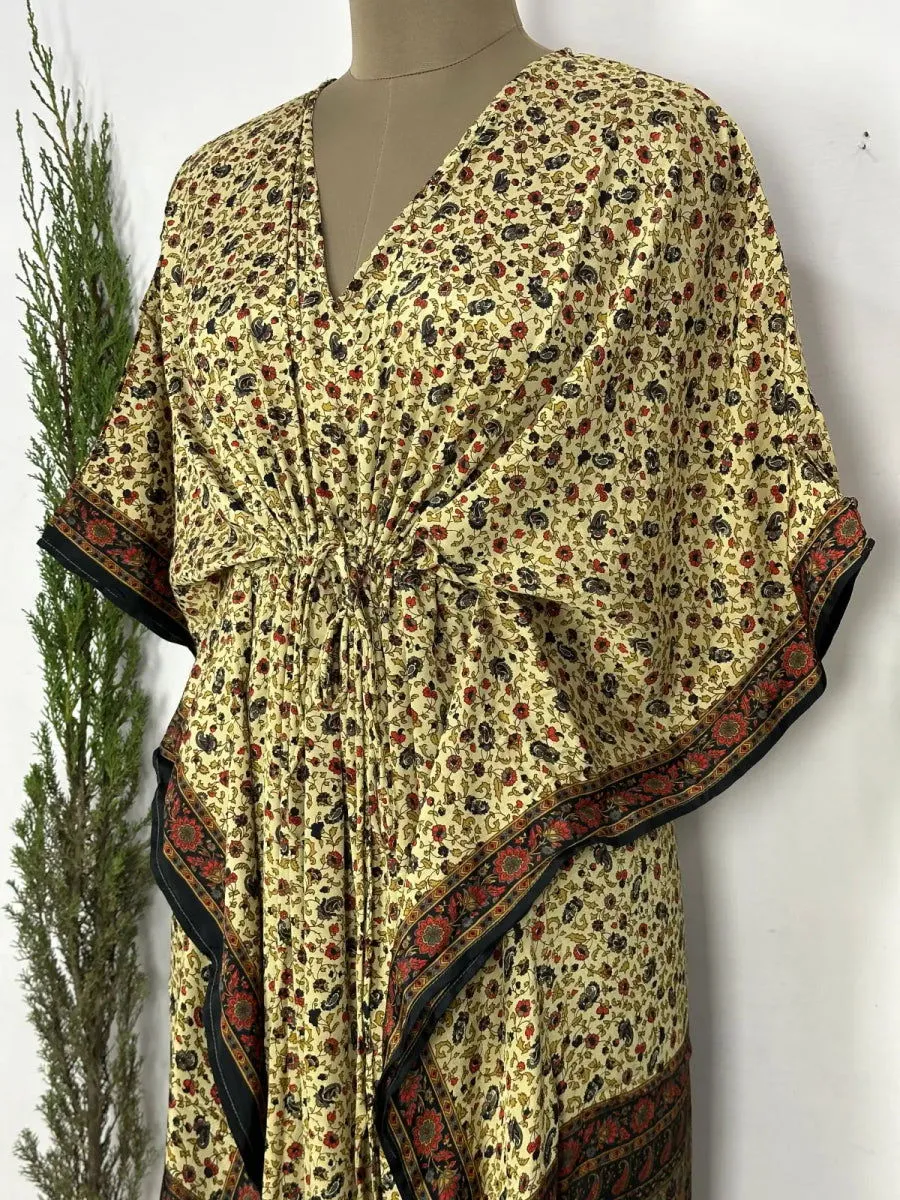 Recycled Silk Vintage Sari Kaftan Boho Dress Flowy Long Length Blossom Artistic Women Beach Coverup | Black Beige Floral Motifs