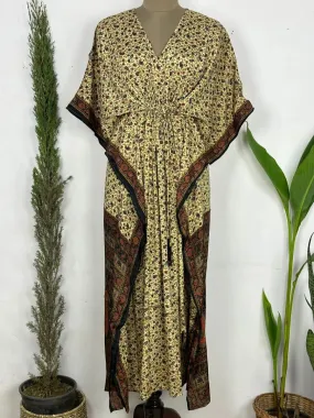 Recycled Silk Vintage Sari Kaftan Boho Dress Flowy Long Length Blossom Artistic Women Beach Coverup | Black Beige Floral Motifs