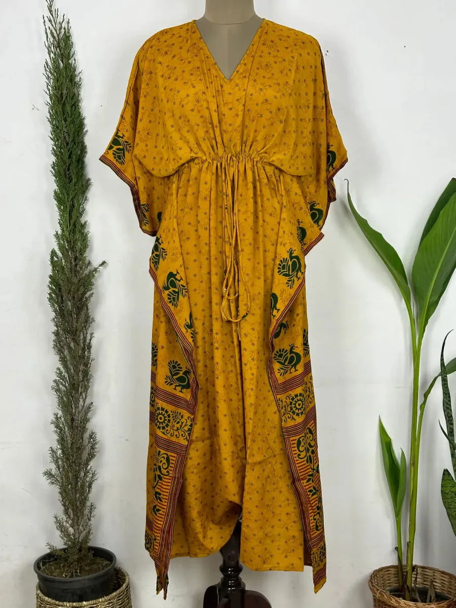Recycled Silk Vintage Sari Kaftan Boho Dress Flowy Long Length Blossom Artistic Women Beach Coverup | Black Mustard Motifs