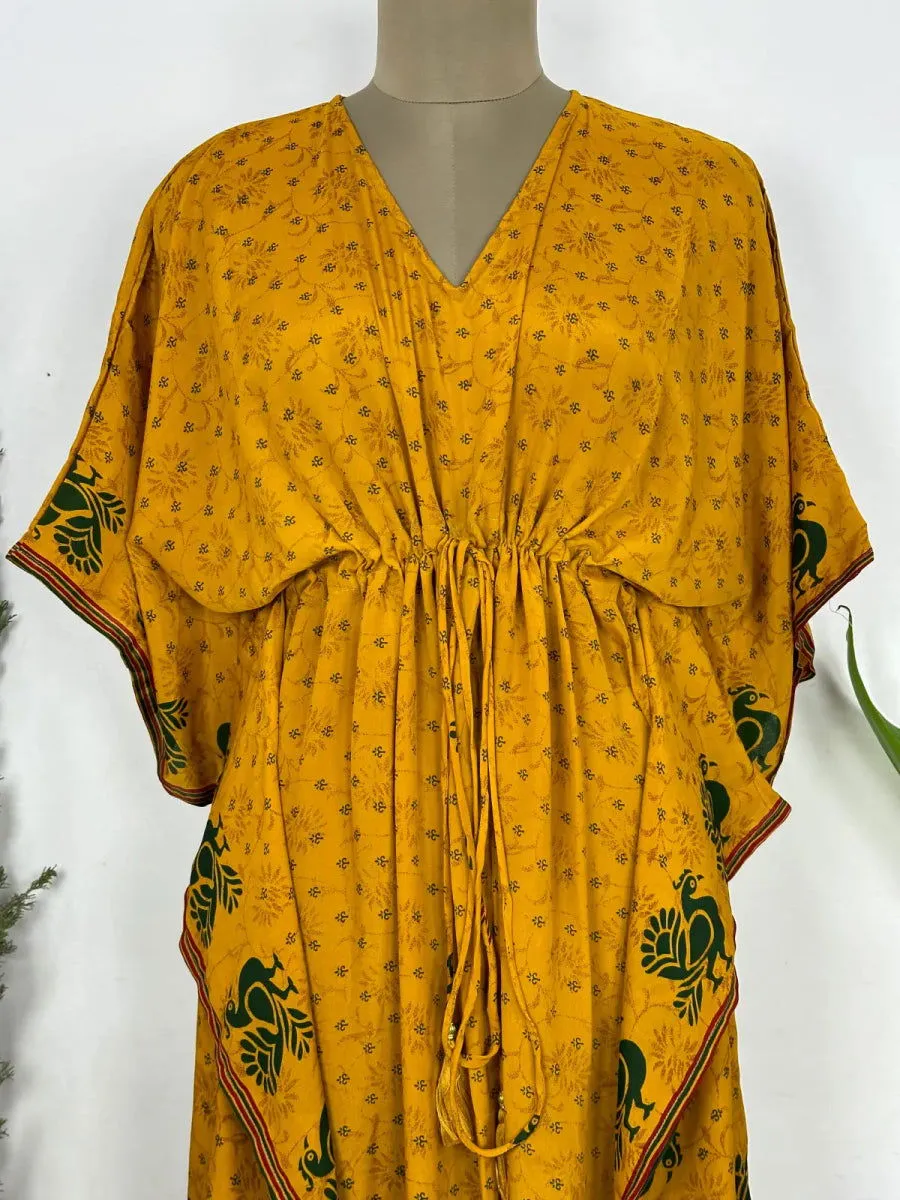 Recycled Silk Vintage Sari Kaftan Boho Dress Flowy Long Length Blossom Artistic Women Beach Coverup | Black Mustard Motifs