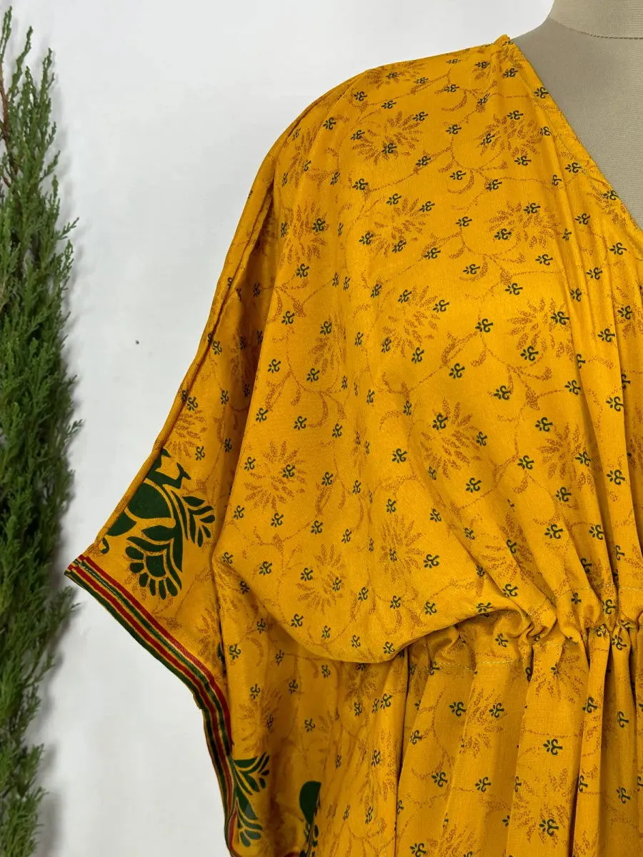 Recycled Silk Vintage Sari Kaftan Boho Dress Flowy Long Length Blossom Artistic Women Beach Coverup | Black Mustard Motifs