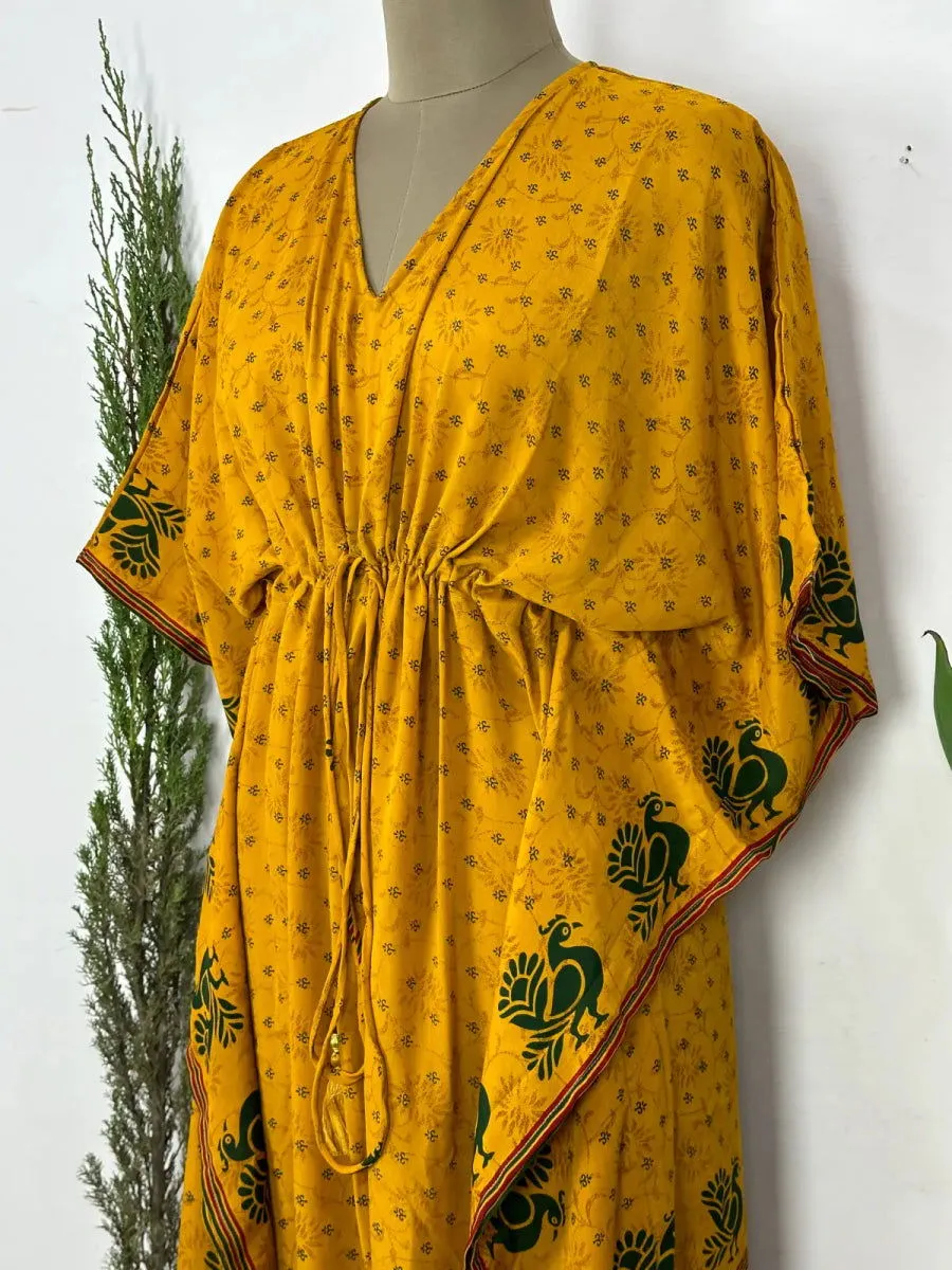 Recycled Silk Vintage Sari Kaftan Boho Dress Flowy Long Length Blossom Artistic Women Beach Coverup | Black Mustard Motifs