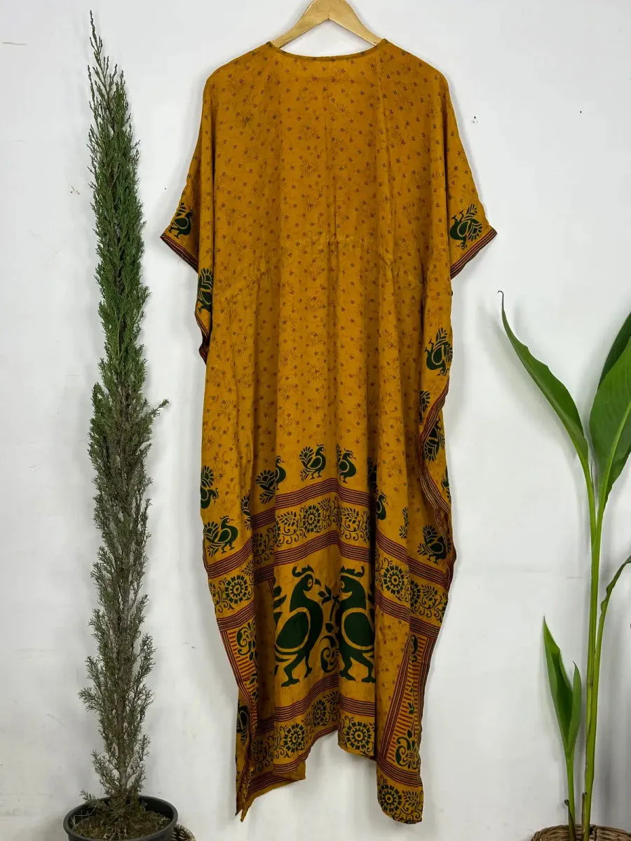 Recycled Silk Vintage Sari Kaftan Boho Dress Flowy Long Length Blossom Artistic Women Beach Coverup | Black Mustard Motifs