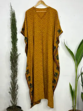 Recycled Silk Vintage Sari Kaftan Boho Dress Flowy Long Length Blossom Artistic Women Beach Coverup | Black Mustard Motifs