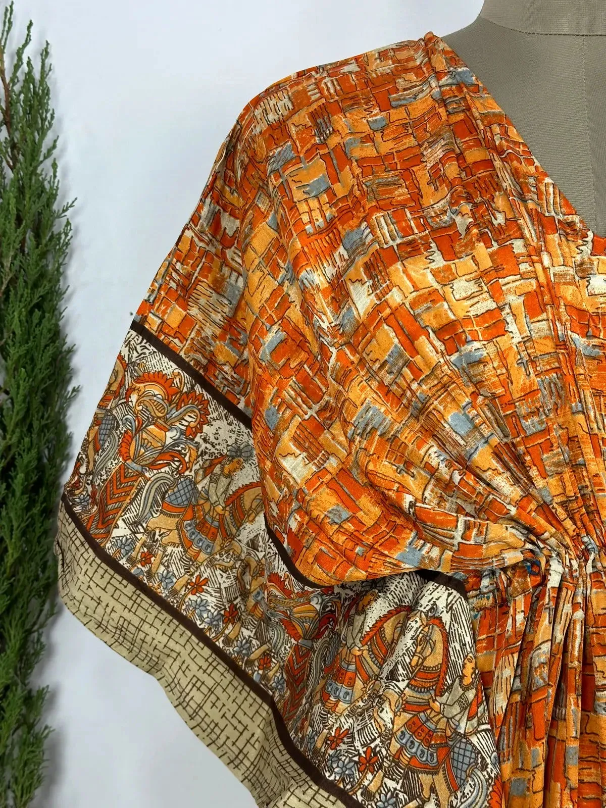 Recycled Silk Vintage Sari Kaftan Boho Dress Flowy Long Length Blossom Artistic Women Beach Coverup | Burnt Orange Animal Print