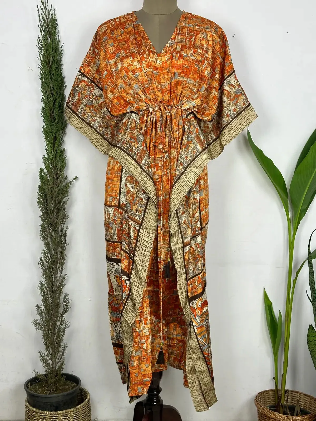 Recycled Silk Vintage Sari Kaftan Boho Dress Flowy Long Length Blossom Artistic Women Beach Coverup | Burnt Orange Animal Print