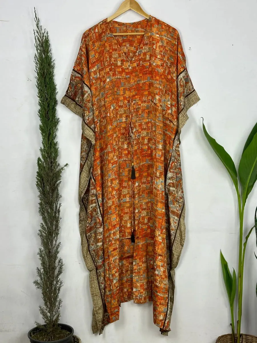 Recycled Silk Vintage Sari Kaftan Boho Dress Flowy Long Length Blossom Artistic Women Beach Coverup | Burnt Orange Animal Print