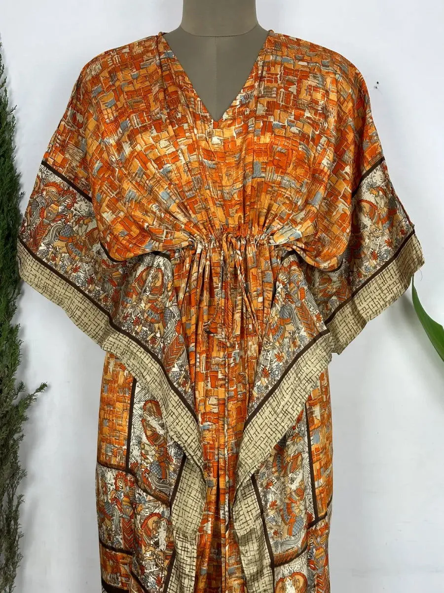 Recycled Silk Vintage Sari Kaftan Boho Dress Flowy Long Length Blossom Artistic Women Beach Coverup | Burnt Orange Animal Print