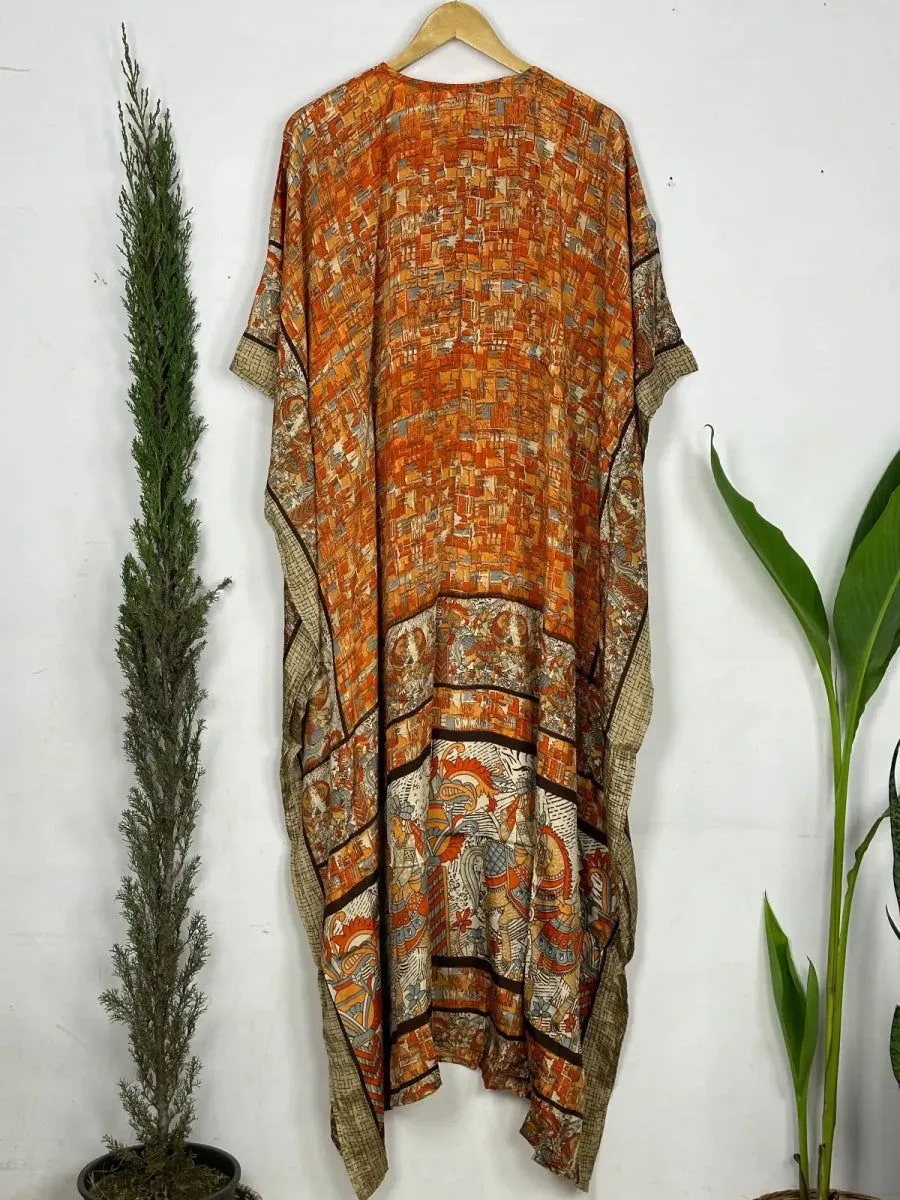 Recycled Silk Vintage Sari Kaftan Boho Dress Flowy Long Length Blossom Artistic Women Beach Coverup | Burnt Orange Animal Print