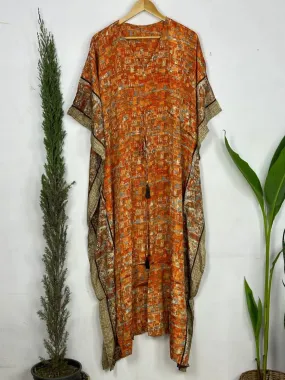 Recycled Silk Vintage Sari Kaftan Boho Dress Flowy Long Length Blossom Artistic Women Beach Coverup | Burnt Orange Animal Print