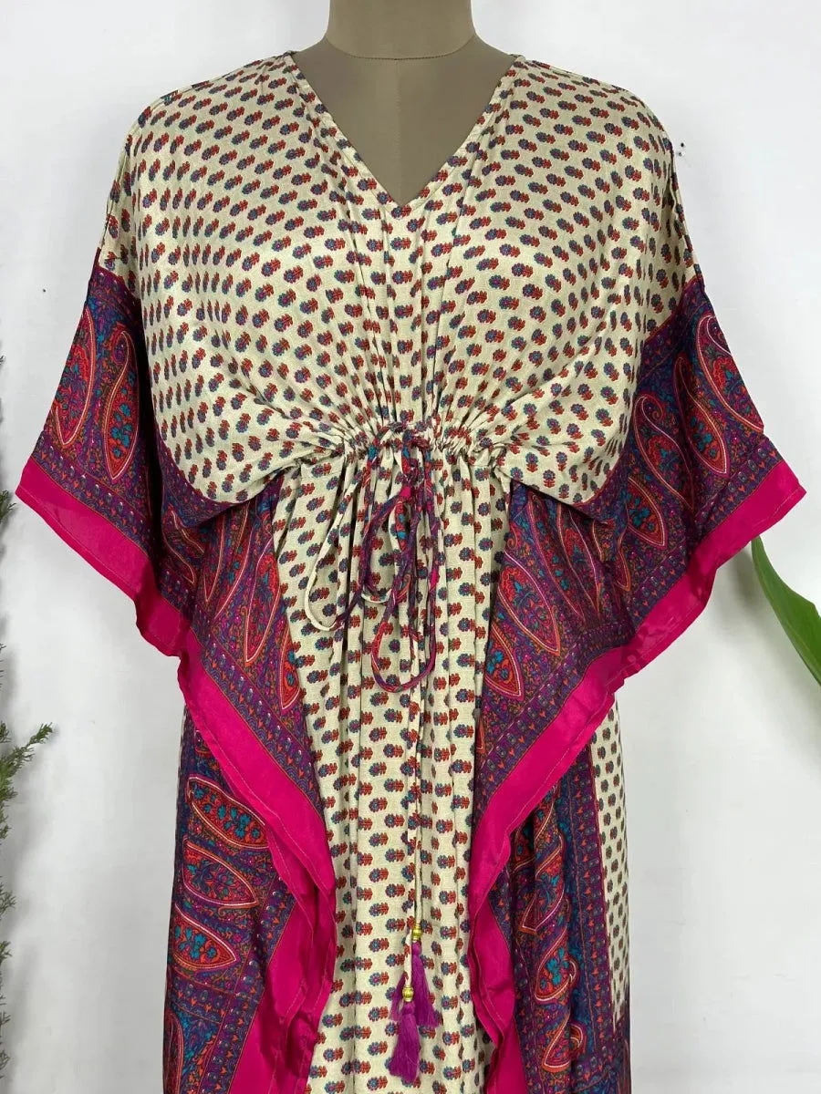 Recycled Silk Vintage Sari Kaftan Boho Dress Flowy Long Length Blossom Artistic Women Beach Coverup | Ivory Paisley Motifs
