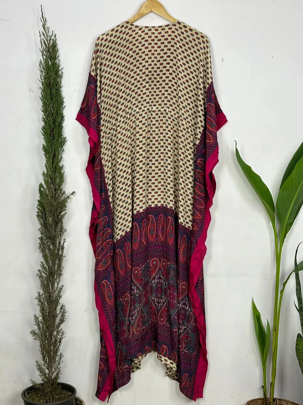 Recycled Silk Vintage Sari Kaftan Boho Dress Flowy Long Length Blossom Artistic Women Beach Coverup | Ivory Paisley Motifs
