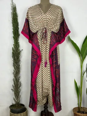 Recycled Silk Vintage Sari Kaftan Boho Dress Flowy Long Length Blossom Artistic Women Beach Coverup | Ivory Paisley Motifs