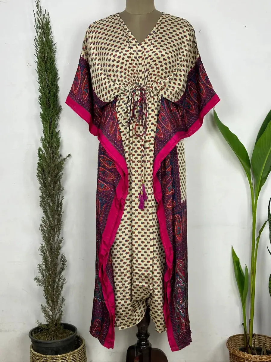 Recycled Silk Vintage Sari Kaftan Boho Dress Flowy Long Length Blossom Artistic Women Beach Coverup | Ivory Paisley Motifs