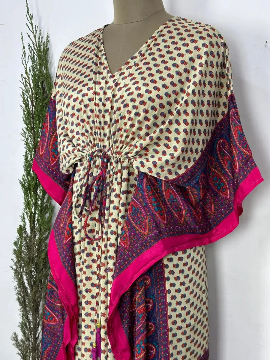 Recycled Silk Vintage Sari Kaftan Boho Dress Flowy Long Length Blossom Artistic Women Beach Coverup | Ivory Paisley Motifs