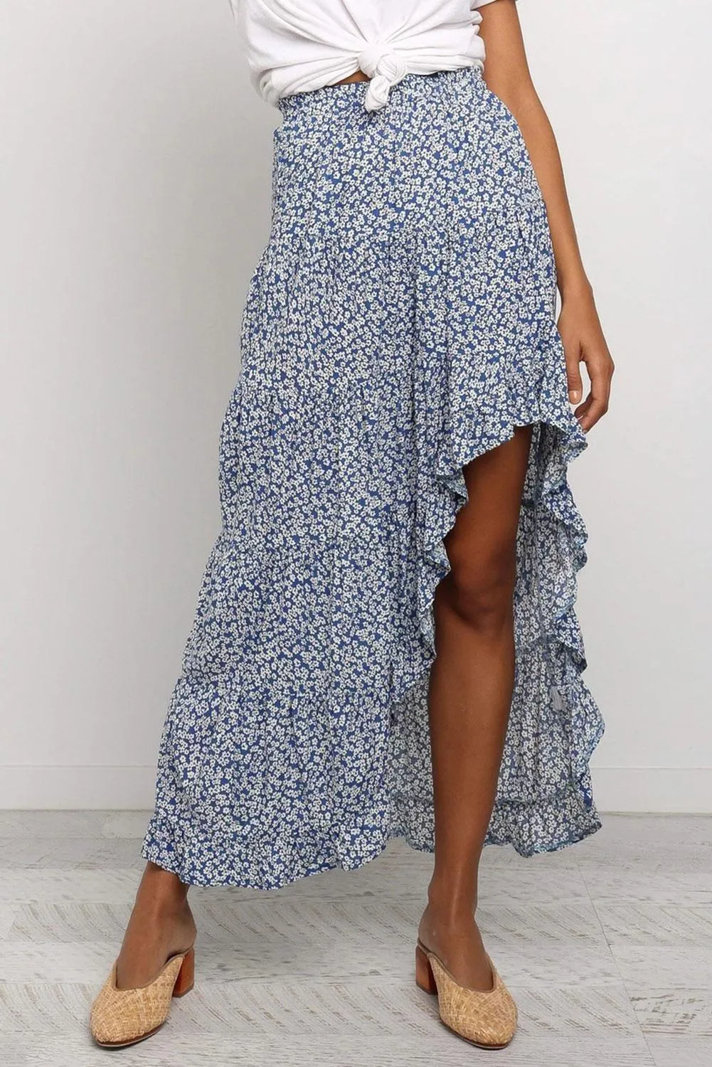 Sky Blue Floral AsymmetricaTraveller Skirt