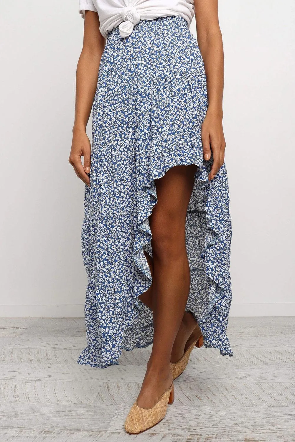 Sky Blue Floral AsymmetricaTraveller Skirt