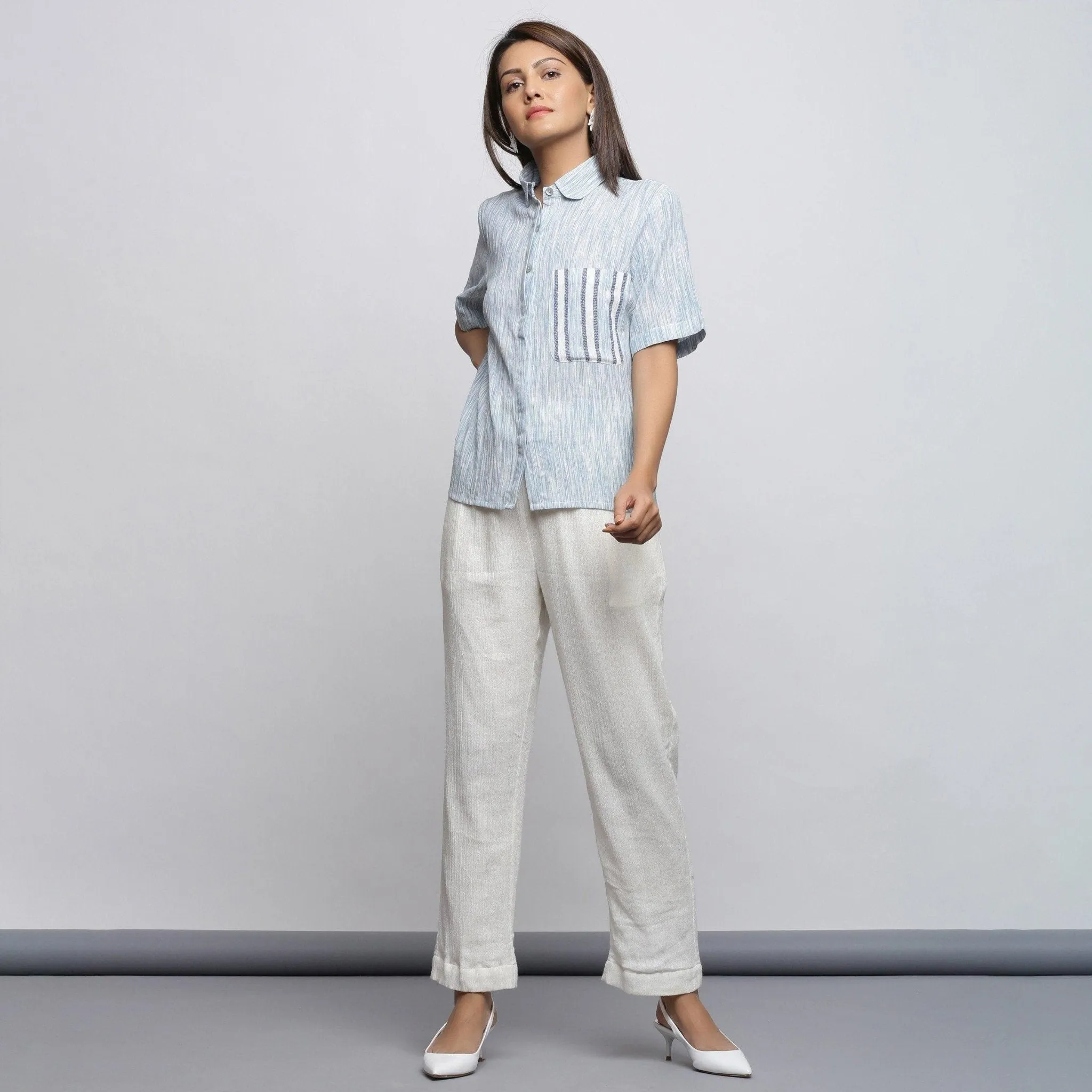 Sky Blue Yarn Dyed Cotton Peter Pan Button-Down Shirt