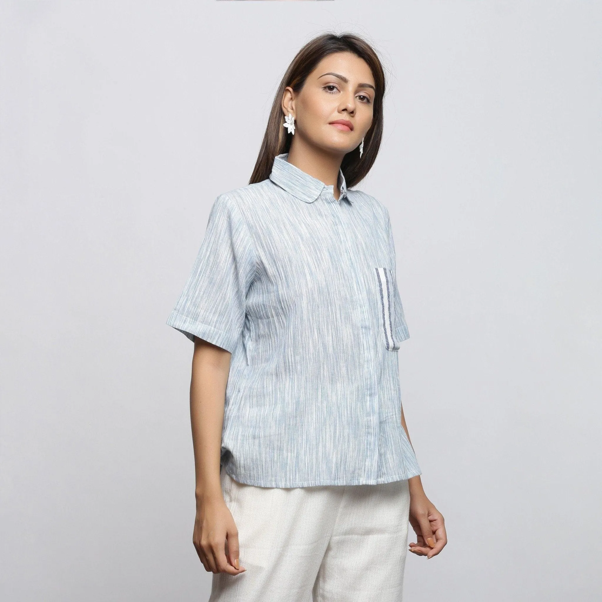 Sky Blue Yarn Dyed Cotton Peter Pan Button-Down Shirt