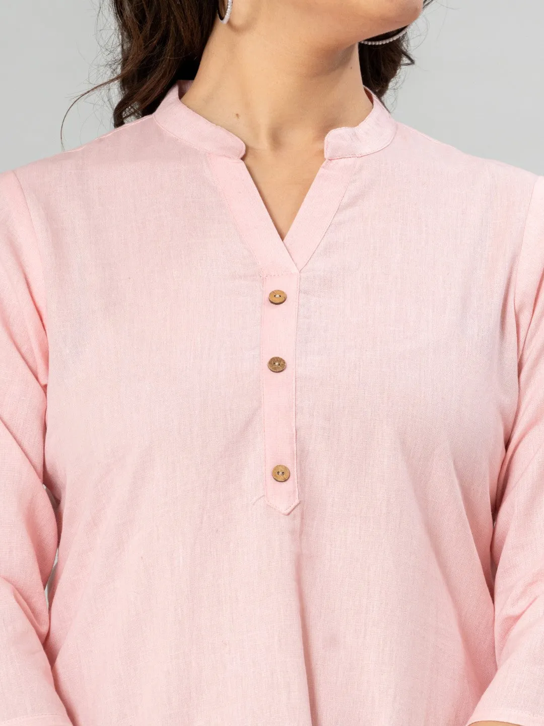 Solid Cotton Flax Women Top - Light Pink