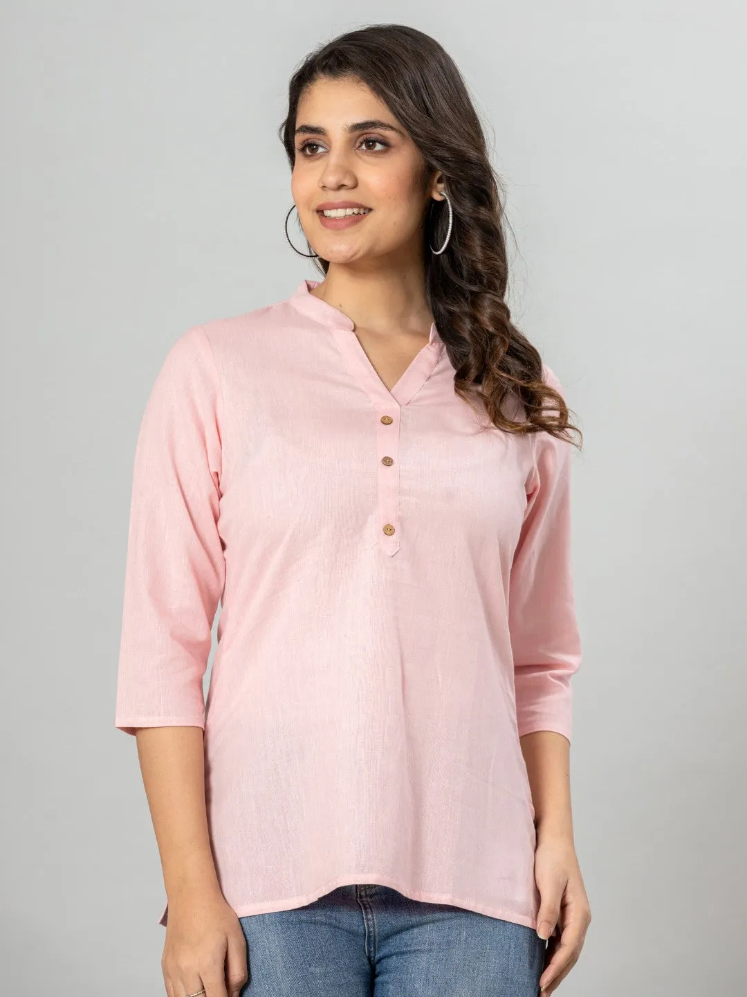 Solid Cotton Flax Women Top - Light Pink
