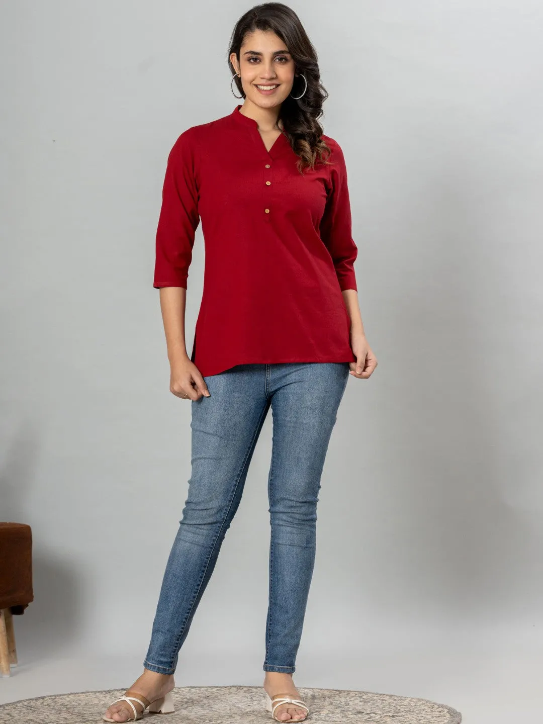 Solid Cotton Flax Women Top - Maroon