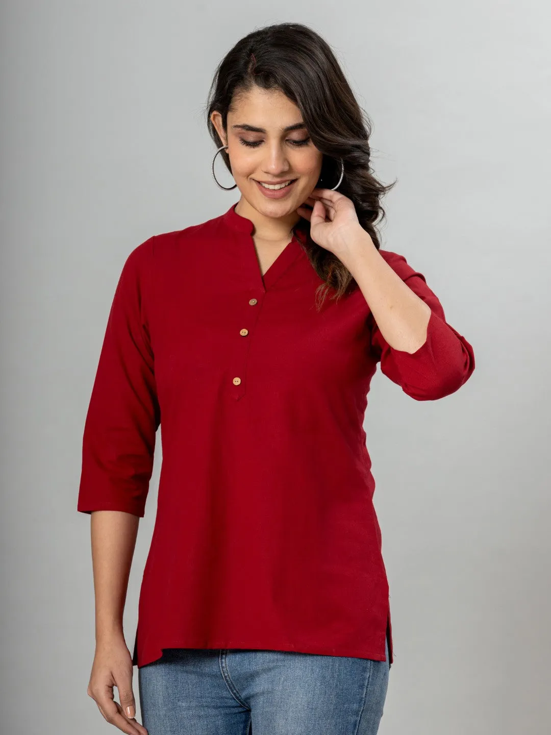 Solid Cotton Flax Women Top - Maroon
