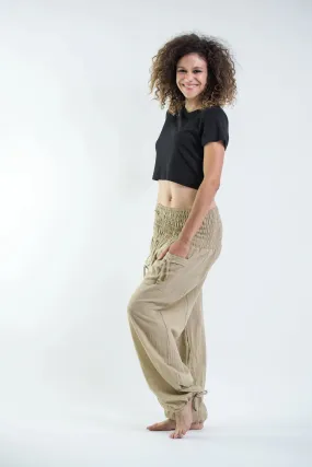 Thai Smocked Waist Cotton Pants in Tan, Thailand