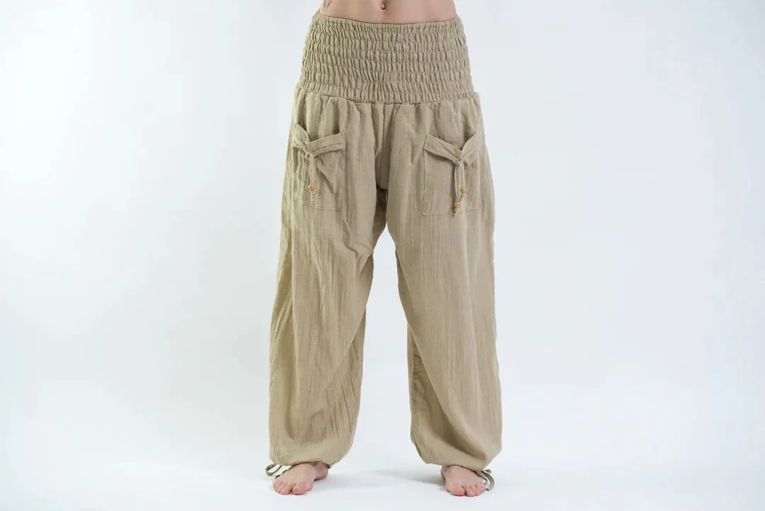 Thai Smocked Waist Cotton Pants in Tan, Thailand