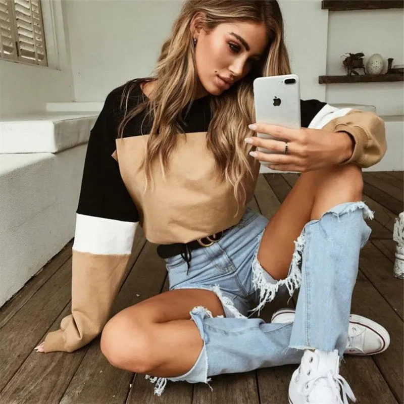 Tops Women Trendy Drawstring Spliced Long Sleeved Round-Neck Sweatshirt Outerwear