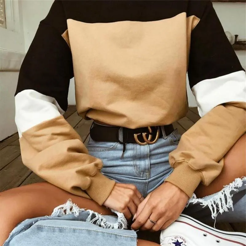 Tops Women Trendy Drawstring Spliced Long Sleeved Round-Neck Sweatshirt Outerwear