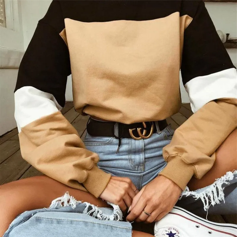 Tops Women Trendy Drawstring Spliced Long Sleeved Round-Neck Sweatshirt Outerwear