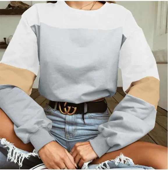 Tops Women Trendy Drawstring Spliced Long Sleeved Round-Neck Sweatshirt Outerwear
