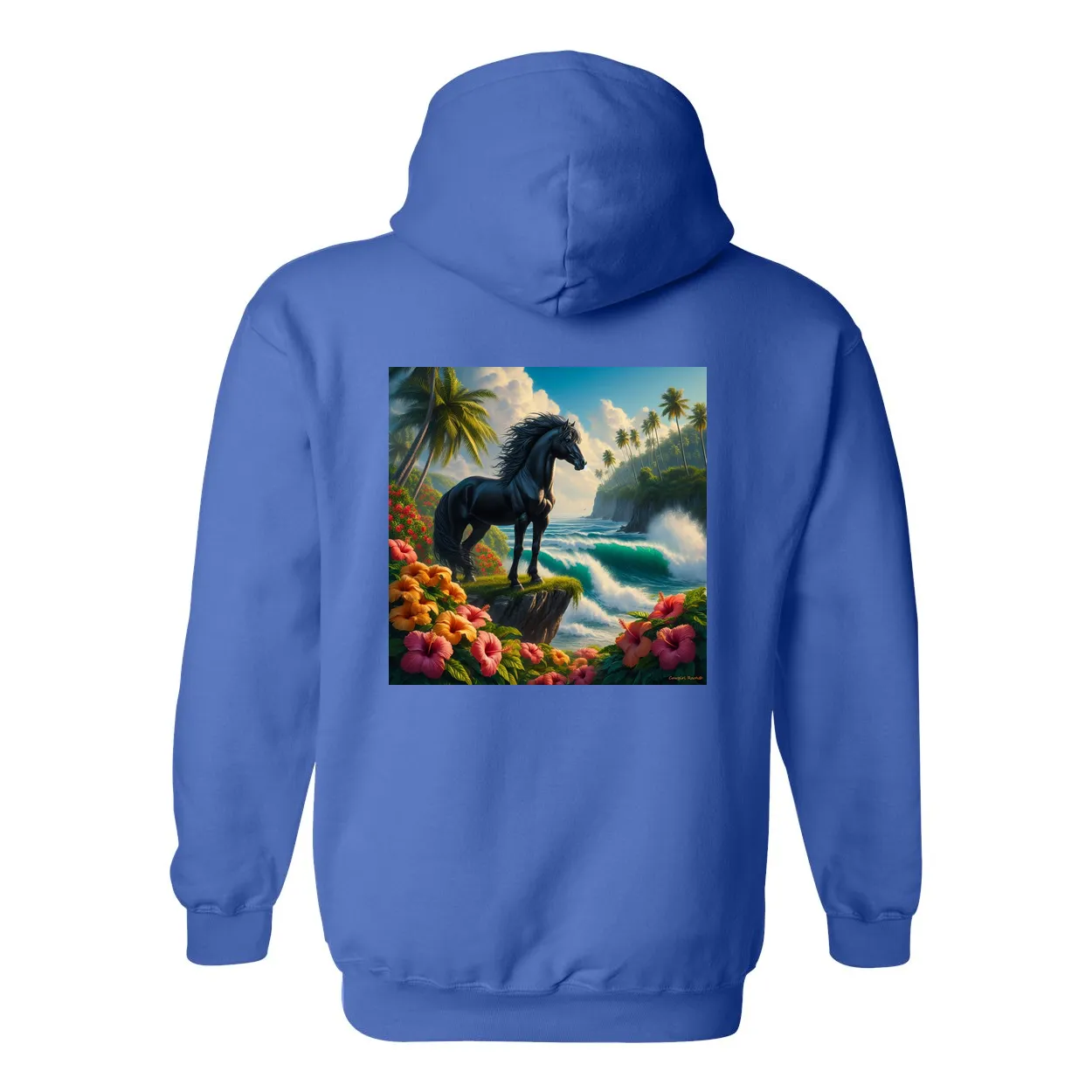 Tropical Black Stallion Design on Back Front Pocket Hoodies