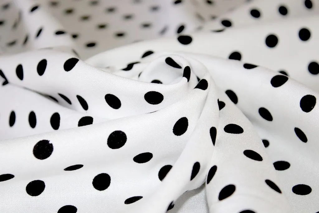 White Black Polka Dots Printed Cotton Rayon Fabric