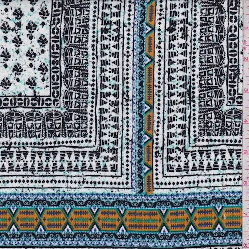 White/Black/Gold Multi Tribal Tile Crinkled Gauze Fabric