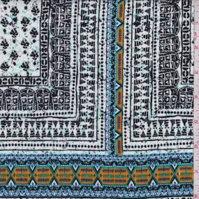 White/Black/Gold Multi Tribal Tile Crinkled Gauze Fabric