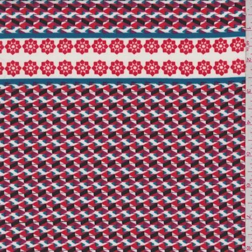 White/Red/Teal Mosaic Print Georgette Fabric