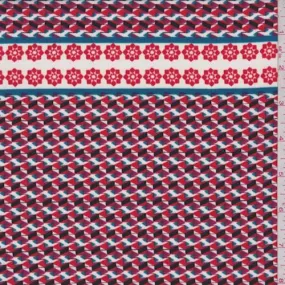 White/Red/Teal Mosaic Print Georgette Fabric