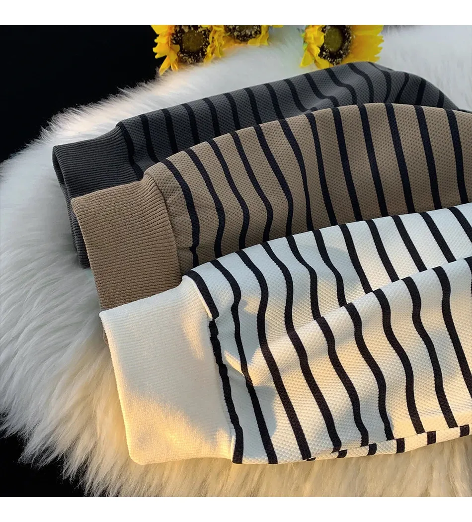 WIAOFELLAS  -  Korean Style Striped Sweaters Trendy Casual Crew Neck Pullover Harajuku Women Clothing Casual Loose Long Sleeve Sweatshirts