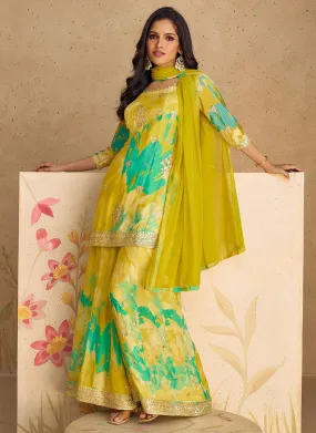Yellow Green Chinon Silk Floral Festival Wear Top Palazzo Suit