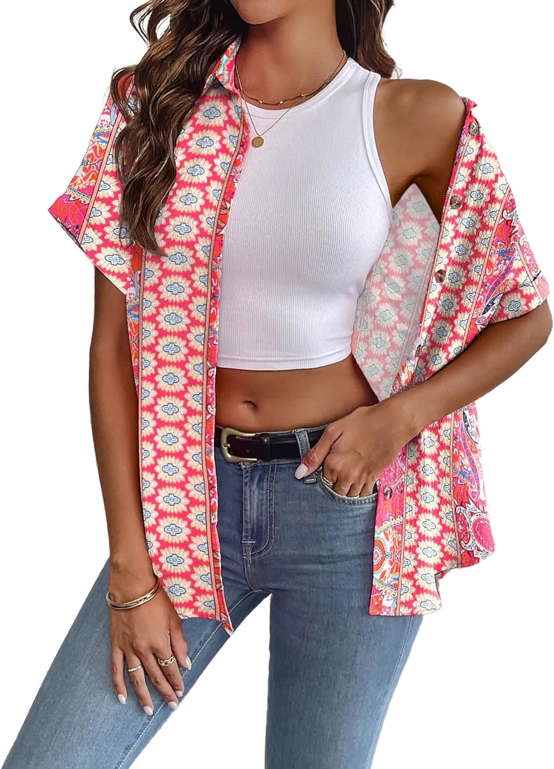 Zeagoo Short Sleeve Casual Roll-Up Cuffed Tops