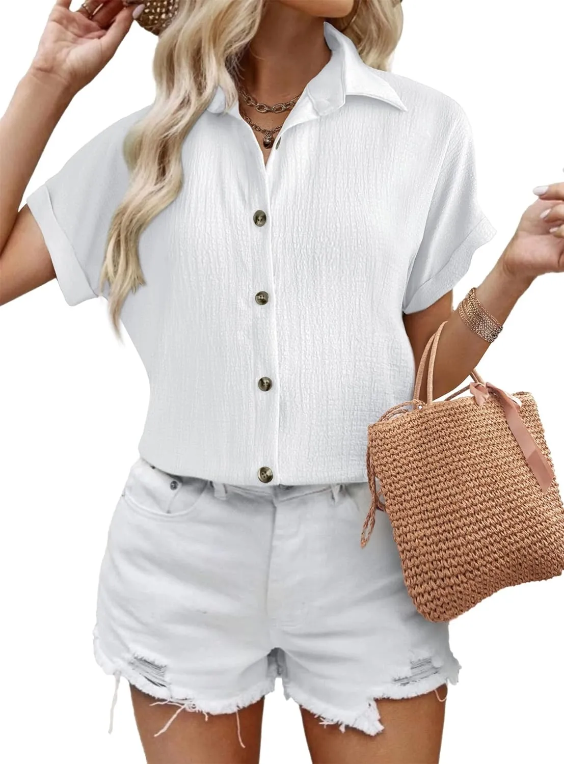 Zeagoo Short Sleeve Casual Roll-Up Cuffed Tops