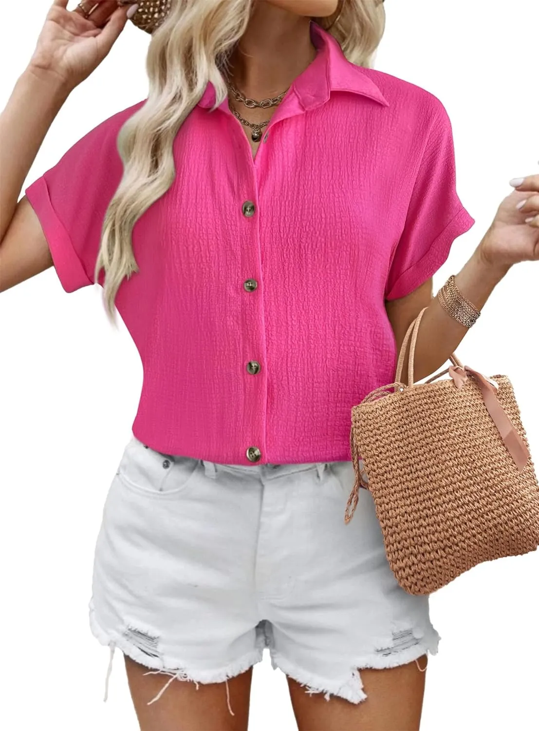 Zeagoo Short Sleeve Casual Roll-Up Cuffed Tops