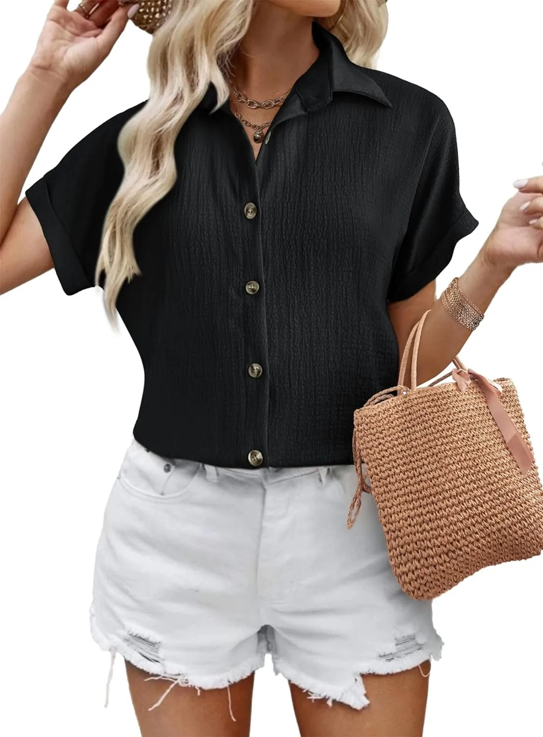 Zeagoo Short Sleeve Casual Roll-Up Cuffed Tops