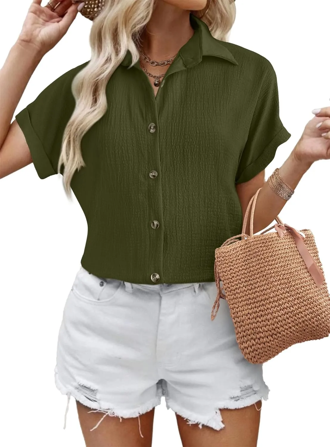 Zeagoo Short Sleeve Casual Roll-Up Cuffed Tops
