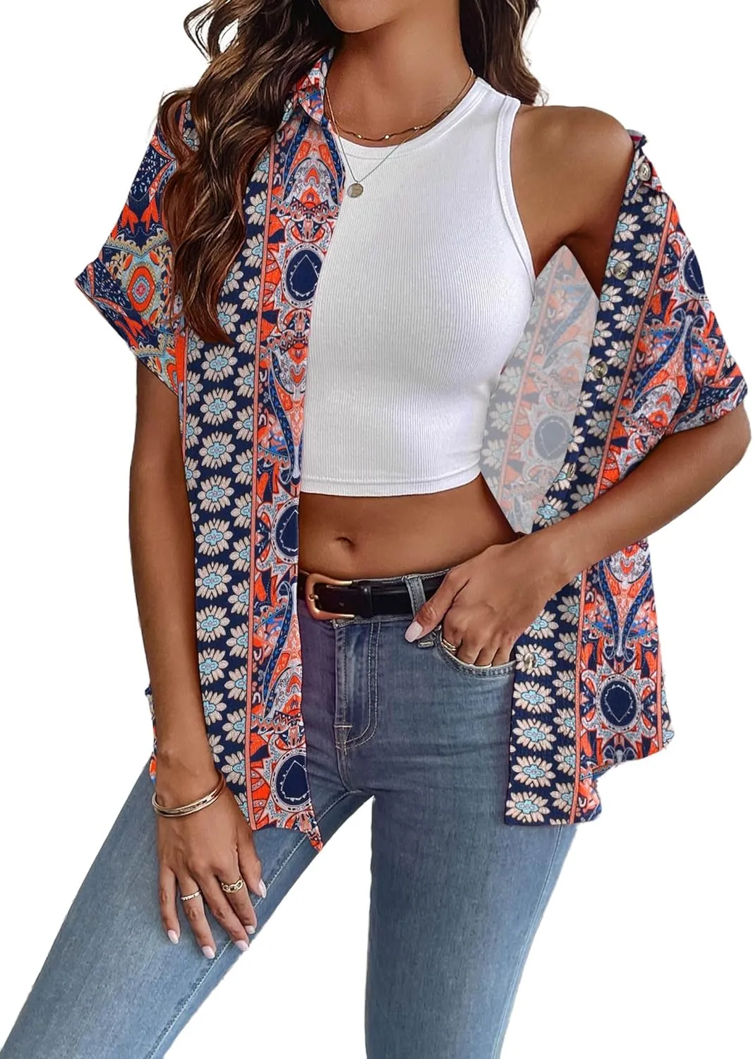 Zeagoo Short Sleeve Casual Roll-Up Cuffed Tops
