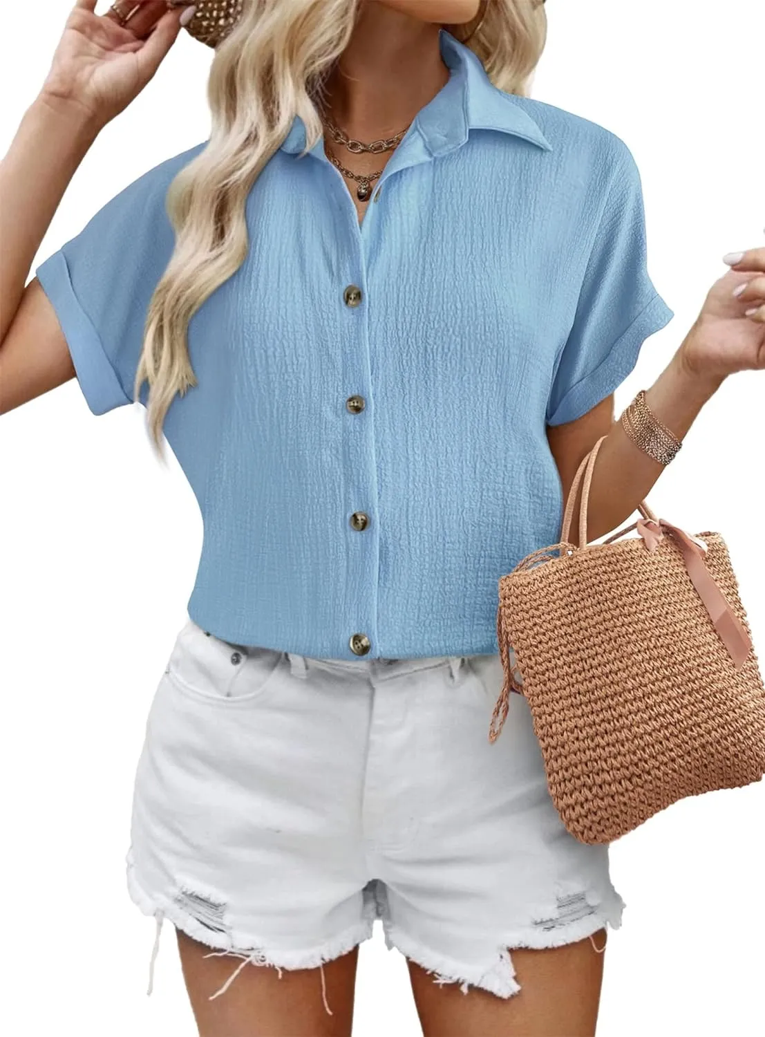 Zeagoo Short Sleeve Casual Roll-Up Cuffed Tops